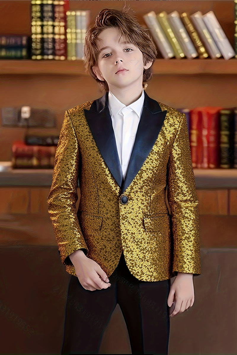 Boys Gold Sequin Shawl Collar Blazer for Gala Weddings