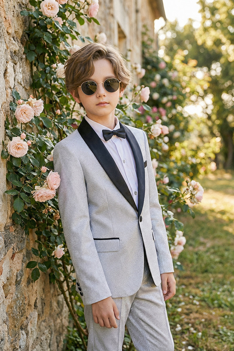 Boys Light Grey Shawl Collar 2-Piece Suit for Coastal Sunset Weddings