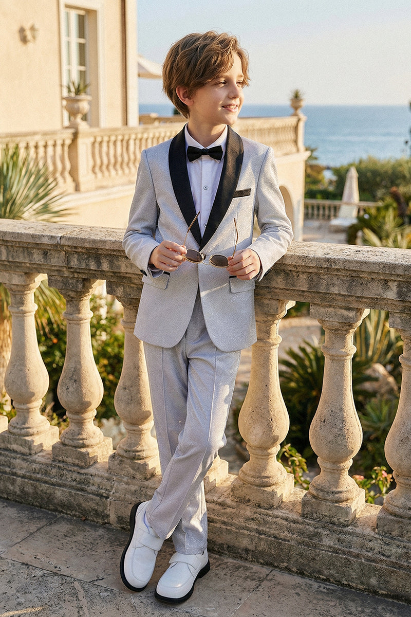 Boys Light Grey Shawl Collar 2-Piece Suit for Coastal Sunset Weddings