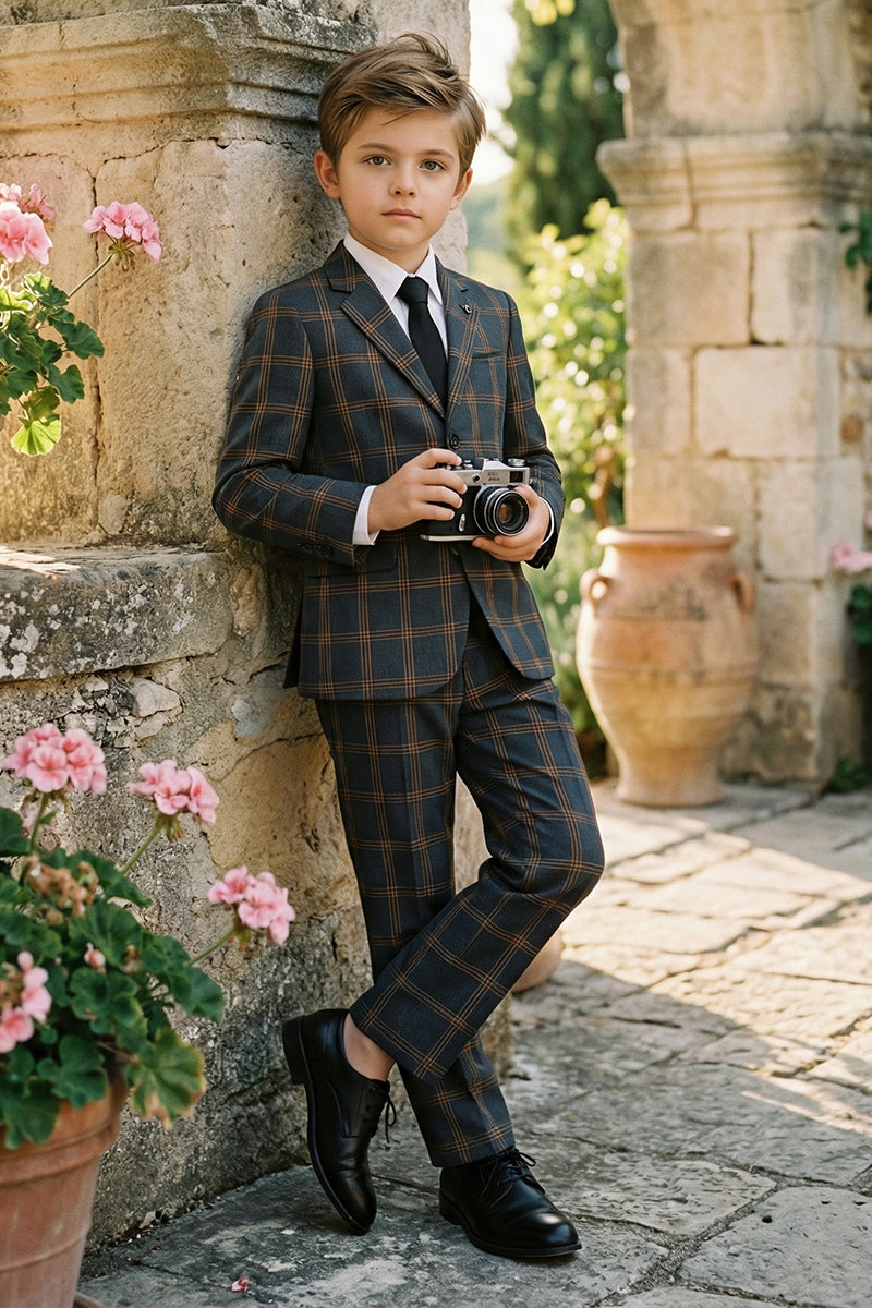 Boys Navy & Rust Windowpane 2-Piece Suit