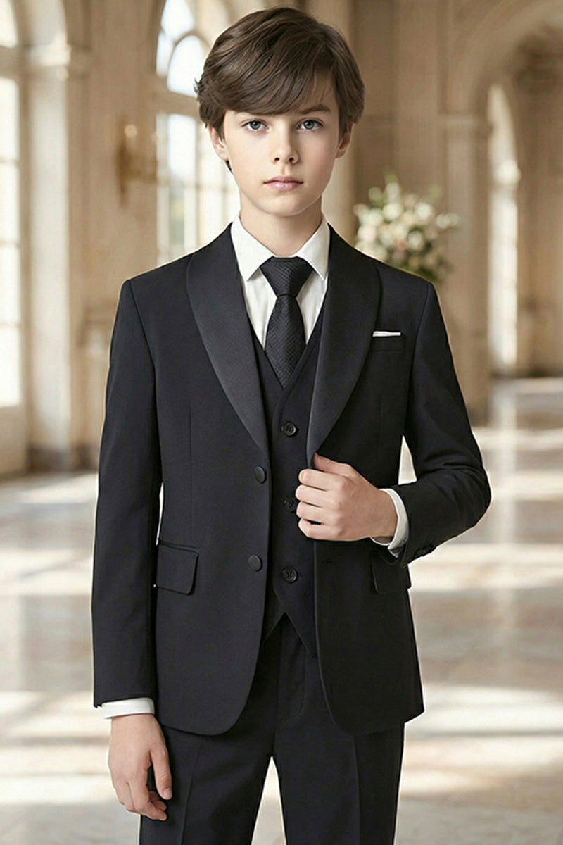 Boys Black Shawl Collar 3-Piece Suit for Formal Weddings
