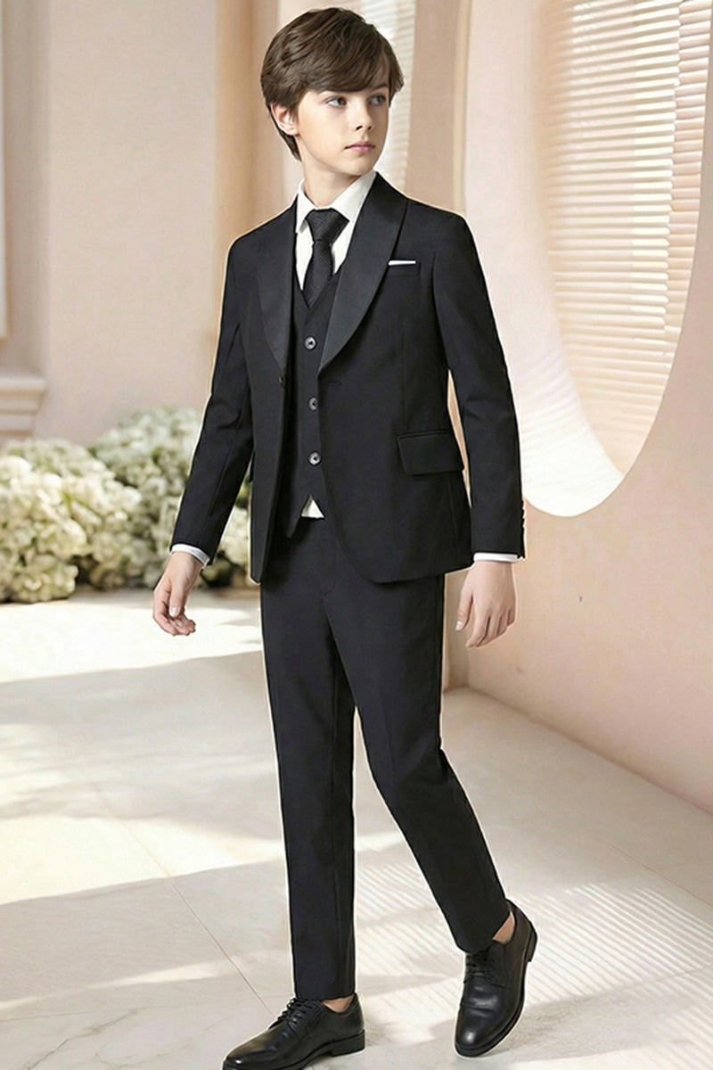Boys Black Shawl Collar 3-Piece Suit for Formal Weddings