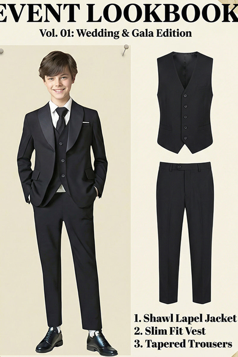 Boys Black Shawl Collar 3-Piece Suit for Formal Weddings
