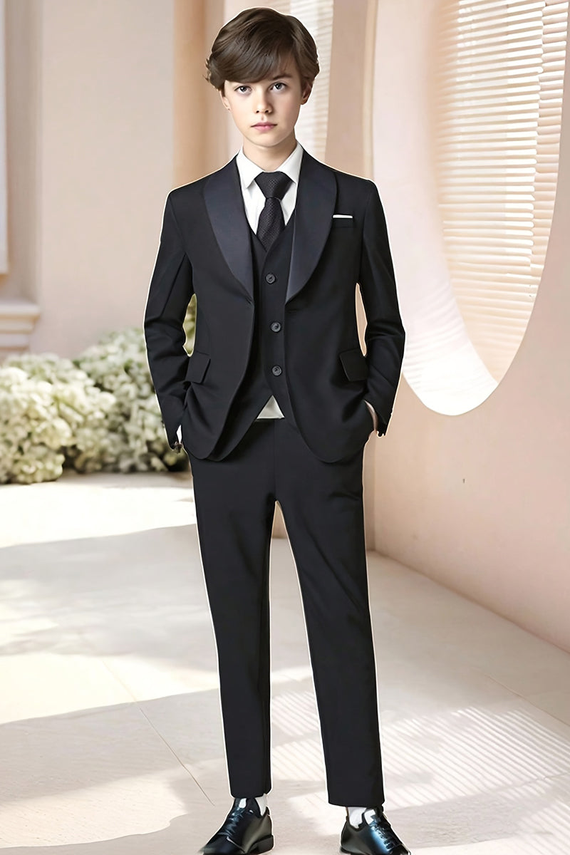 Boys Black Shawl Collar 3-Piece Suit for Formal Weddings