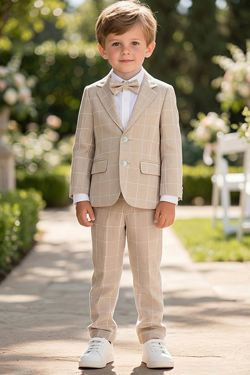 Boys Oatmeal Windowpane 3-Piece Suit for Garden Weddings