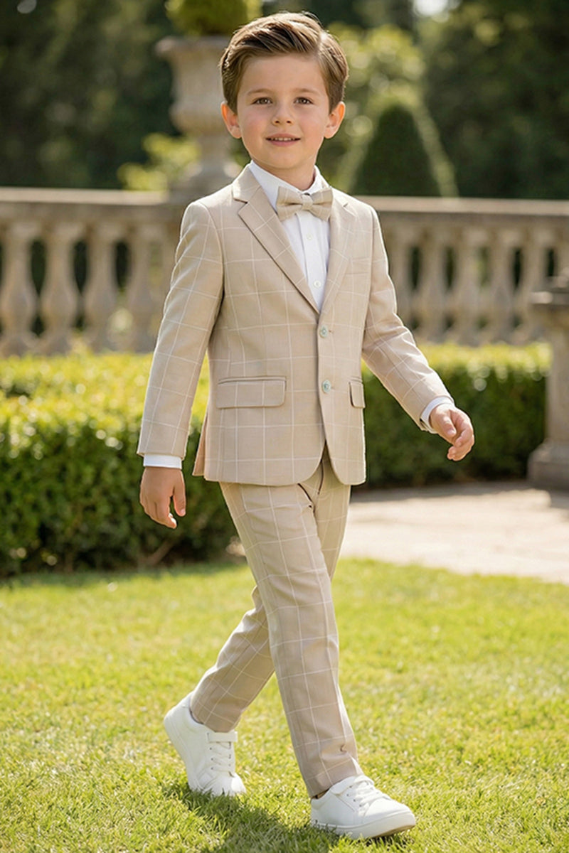 Boys Oatmeal Windowpane 3-Piece Suit for Garden Weddings