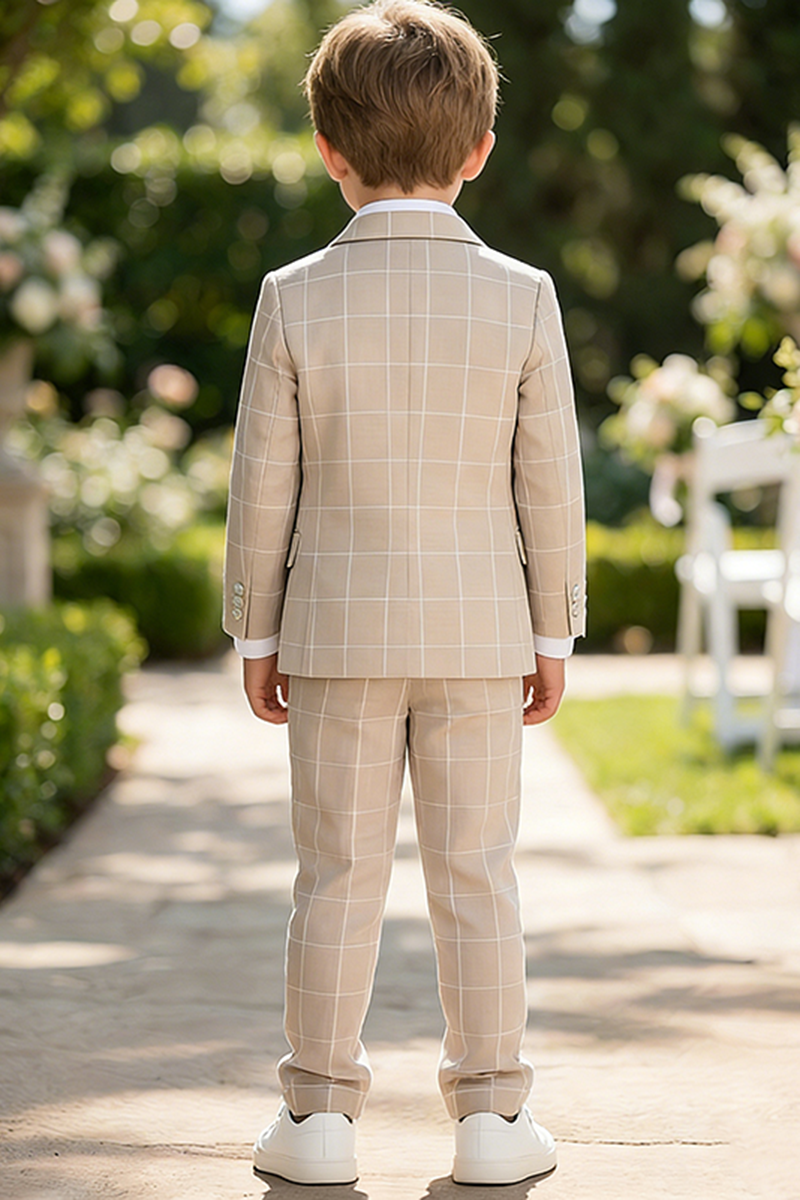 Boys Oatmeal Windowpane 3-Piece Suit for Garden Weddings