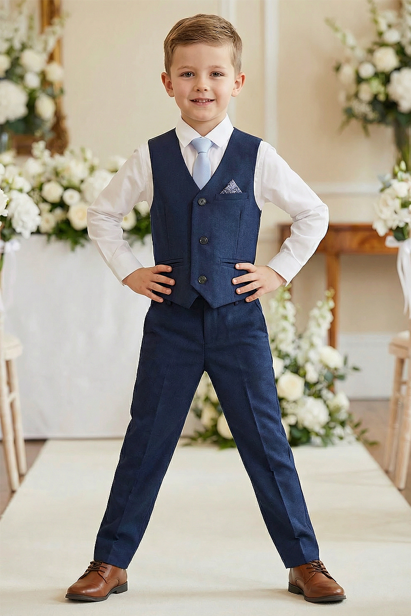 Boys Navy Blue 2-Piece Vest and Pants Set for Formal Events