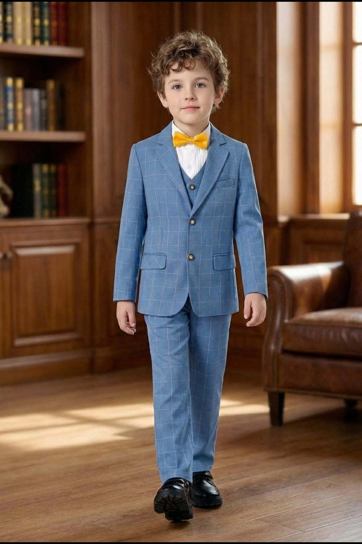 Boys Sky Blue Windowpane Check 3-Piece Suit for Weddings with Notch Lapel