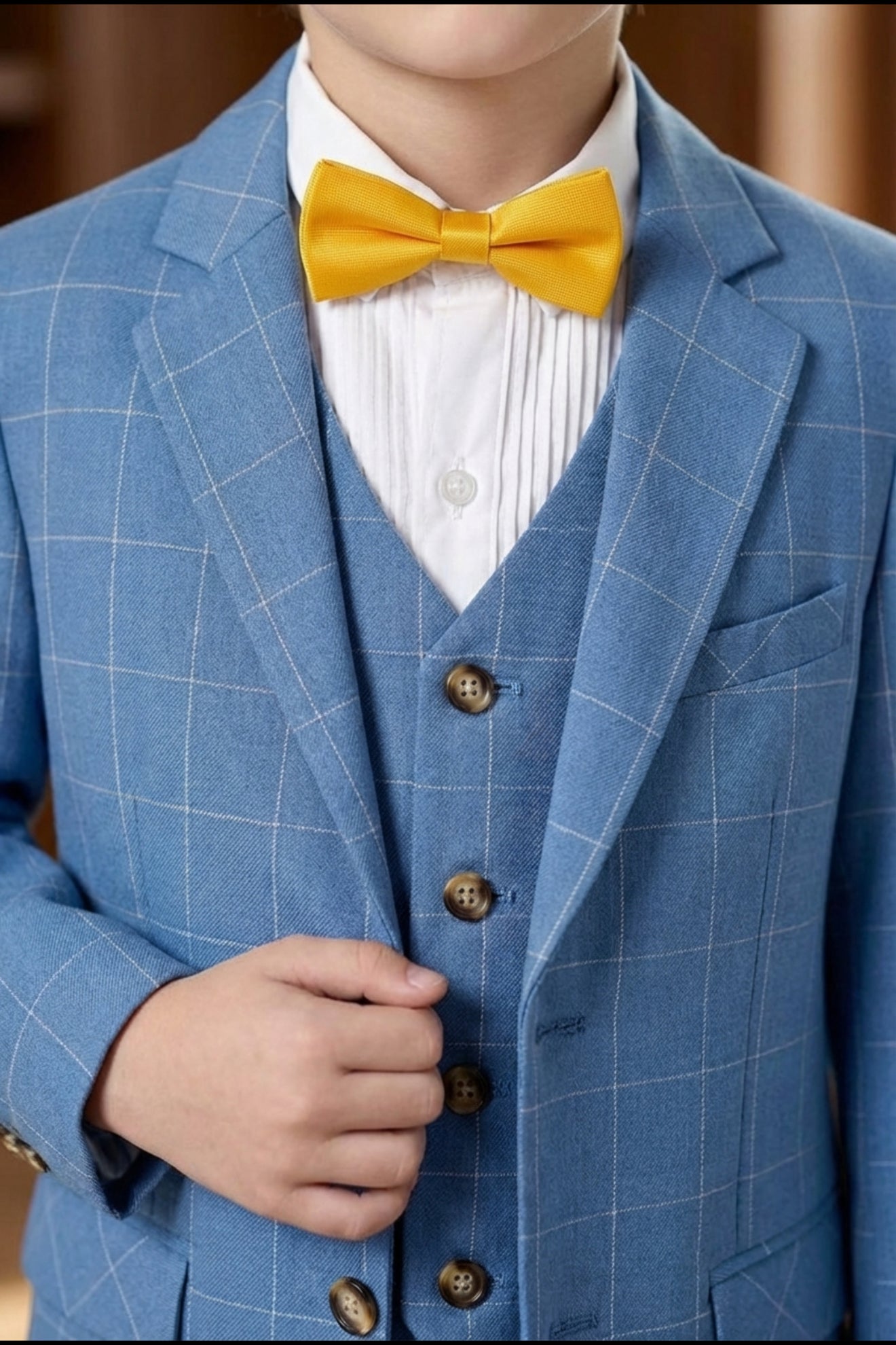 Boys Sky Blue Windowpane Check 3-Piece Suit for Weddings with Notch Lapel