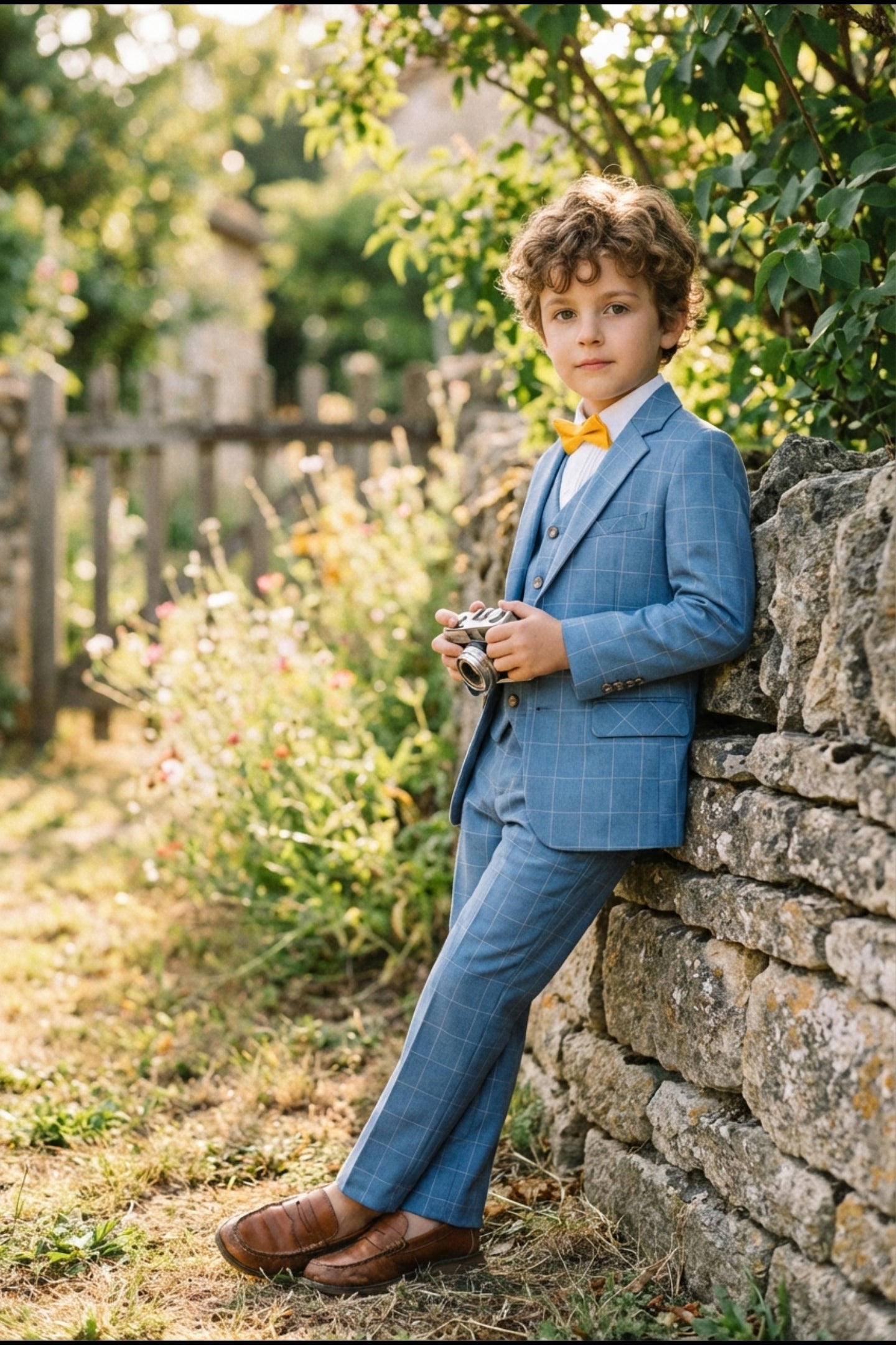 Boys Sky Blue Windowpane Check 3-Piece Suit for Weddings with Notch Lapel