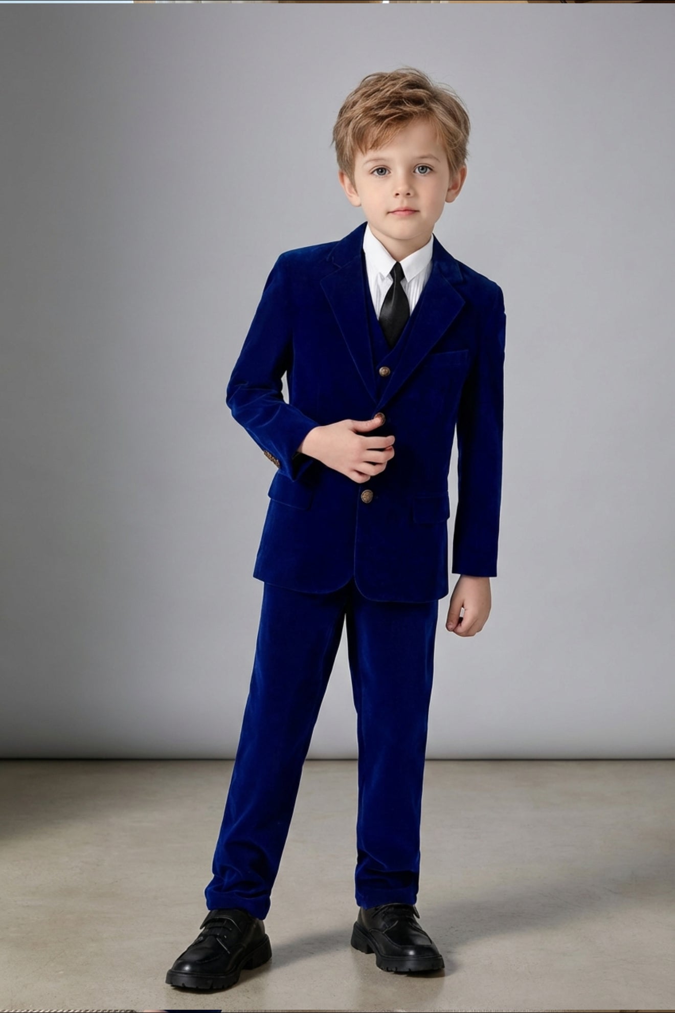 Boys Royal Blue Velvet 3-Piece Suit for Weddings with Notch Lapel