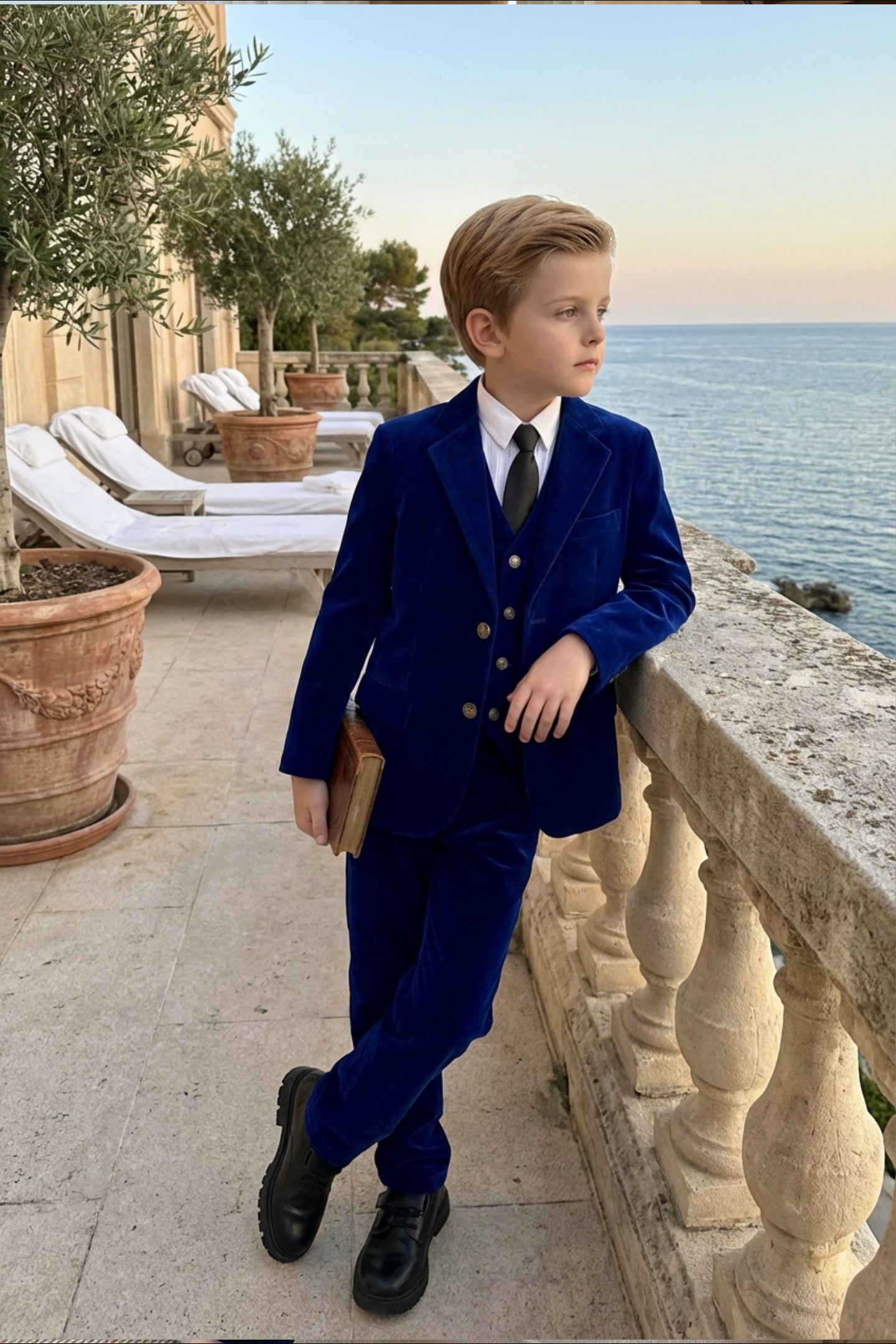 Boys Royal Blue Velvet 3-Piece Suit for Weddings with Notch Lapel