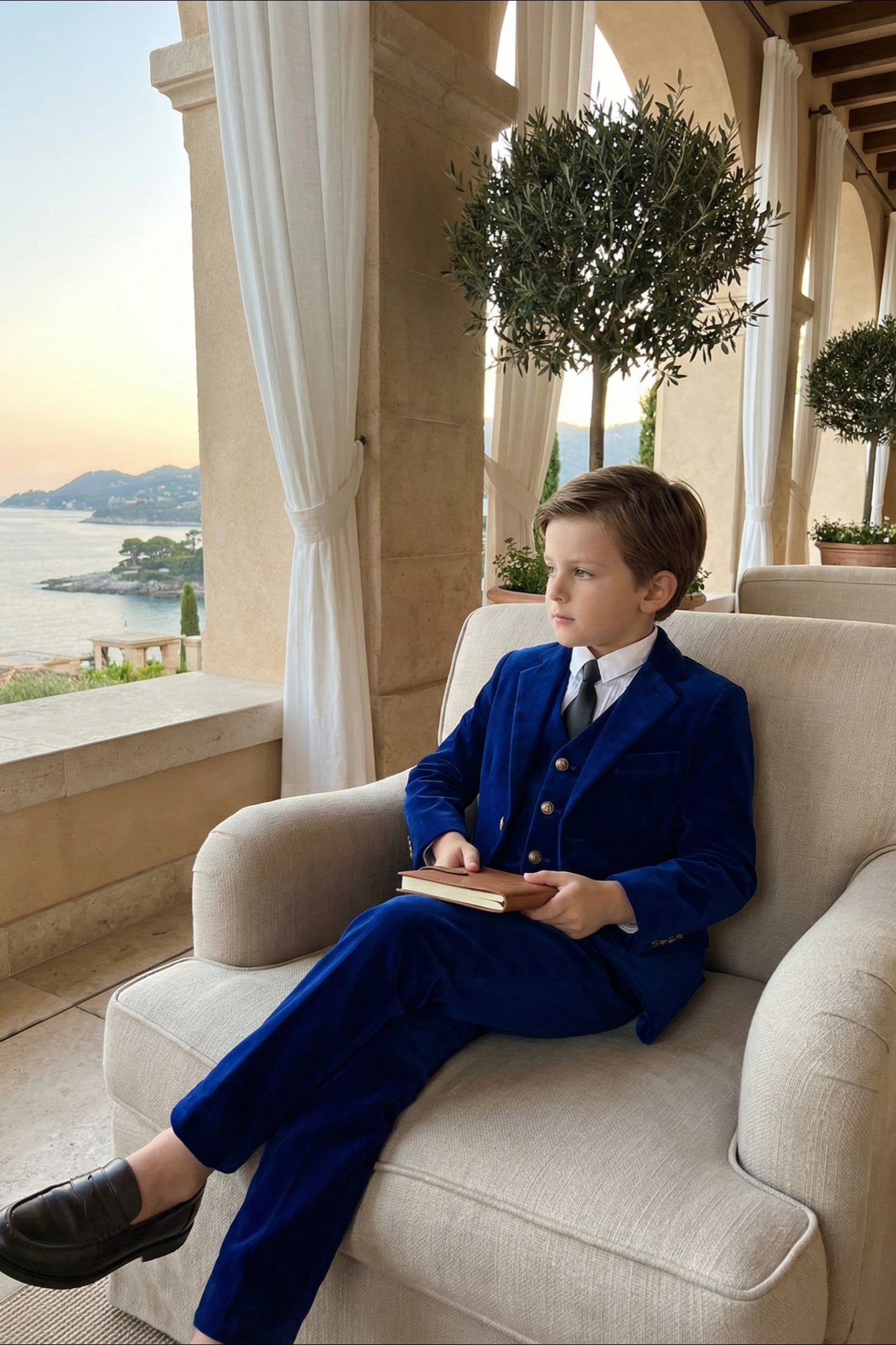Boys Royal Blue Velvet 3-Piece Suit for Weddings with Notch Lapel