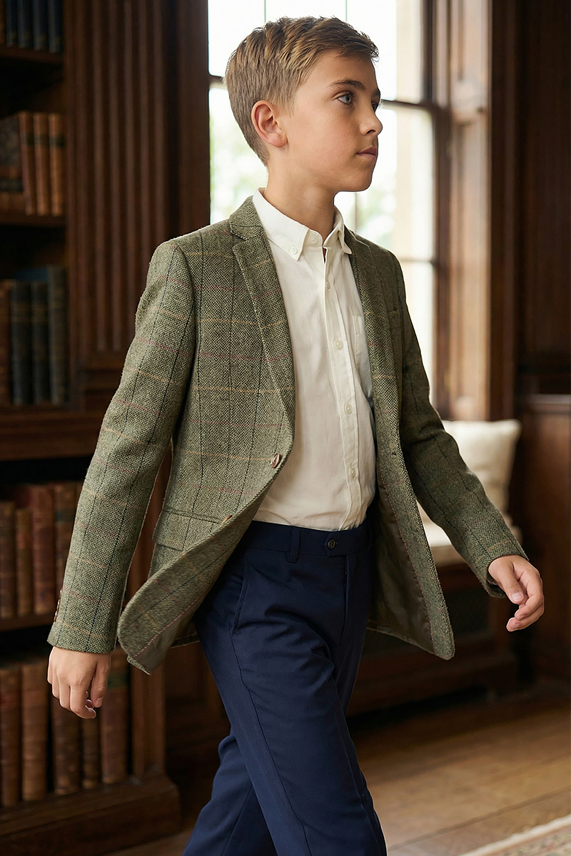 Boys Green Check Single Suit Jacket for Formal Wear