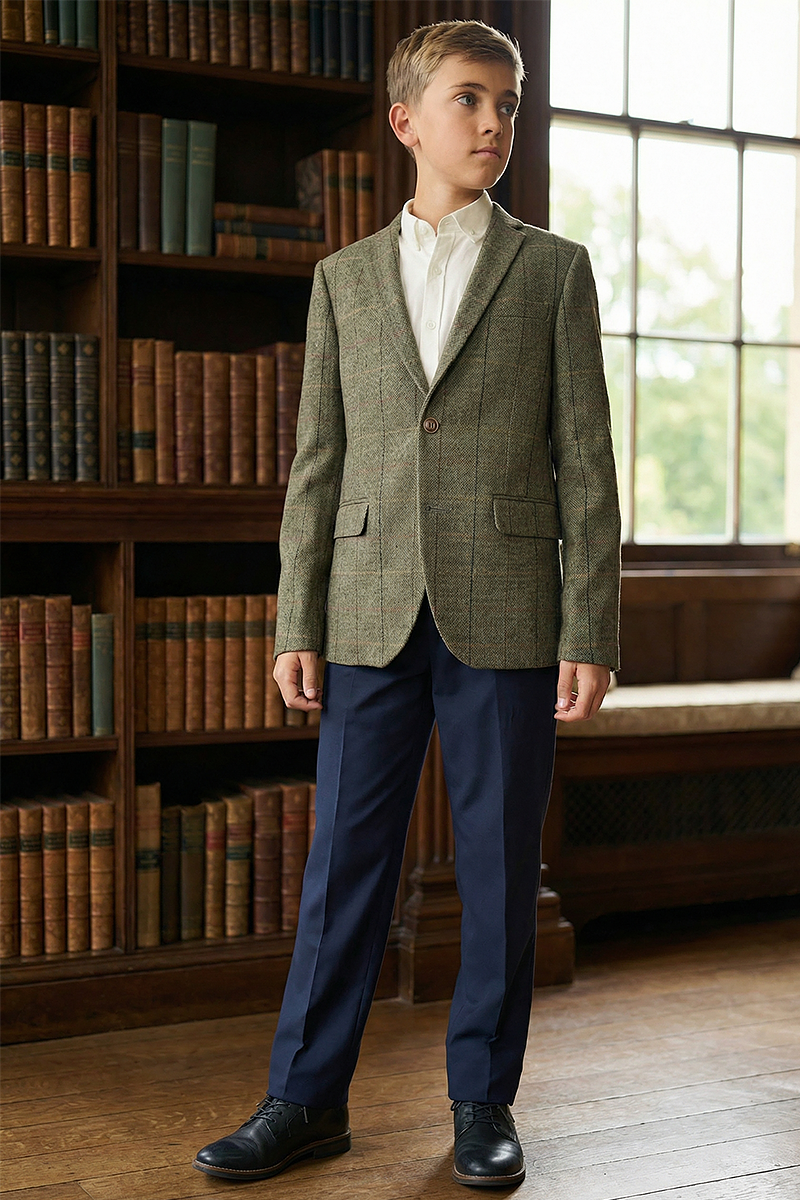 Boys Green Check Single Suit Jacket for Formal Wear