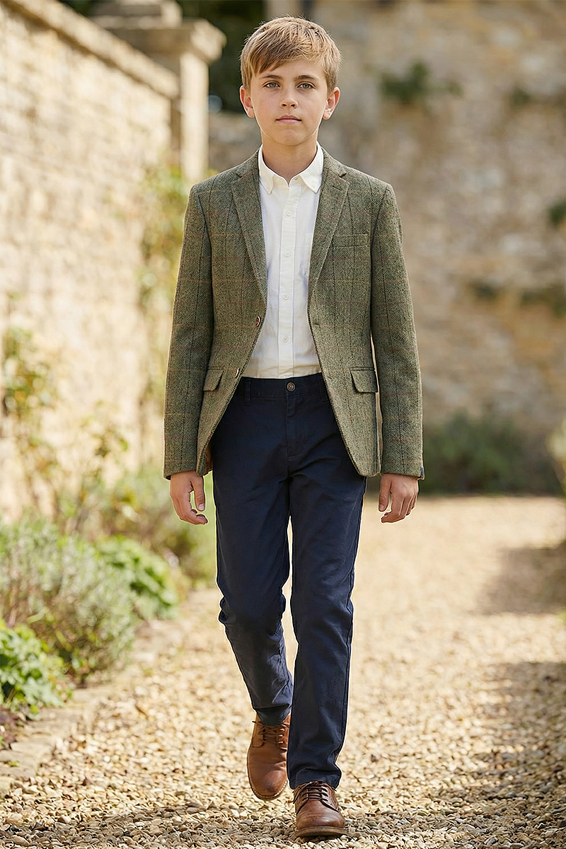 Boys Green Check Single Suit Jacket for Formal Wear