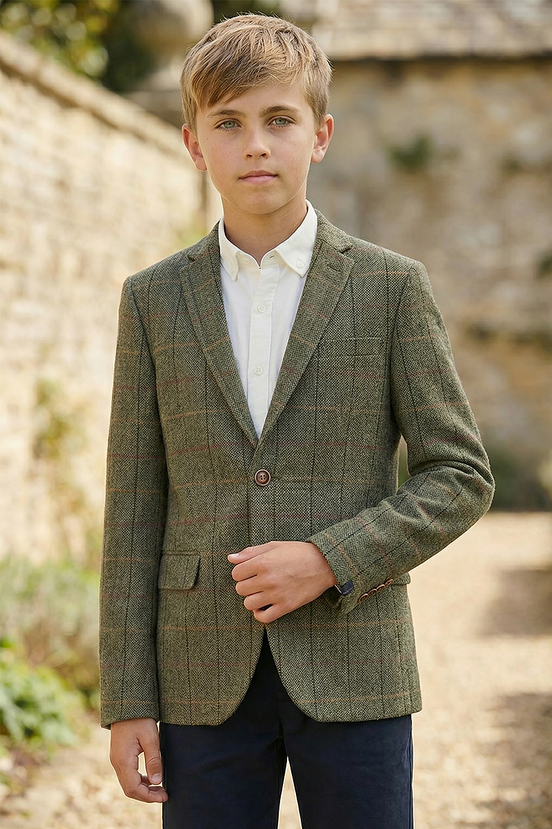 Boys Green Check Single Suit Jacket for Formal Wear