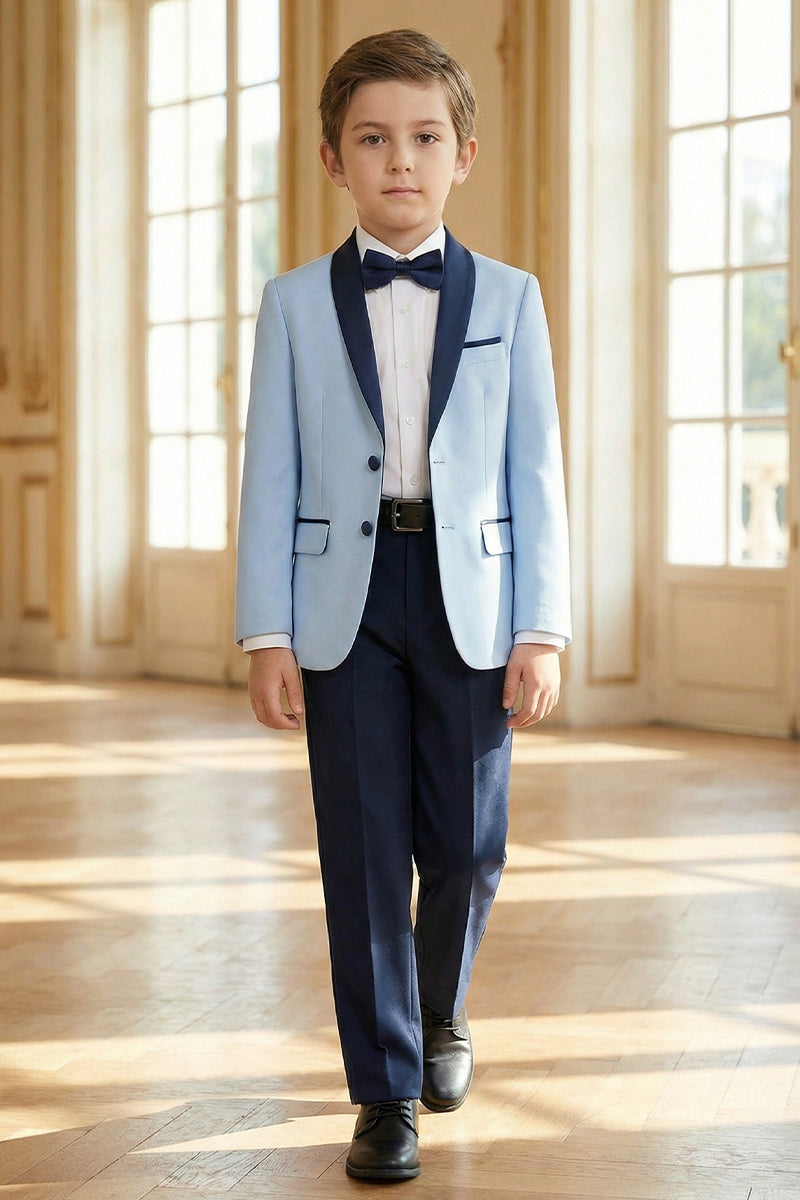 Boys Sky Blue Paired With Dark Blue Collared Trousers 2-Piece Suit