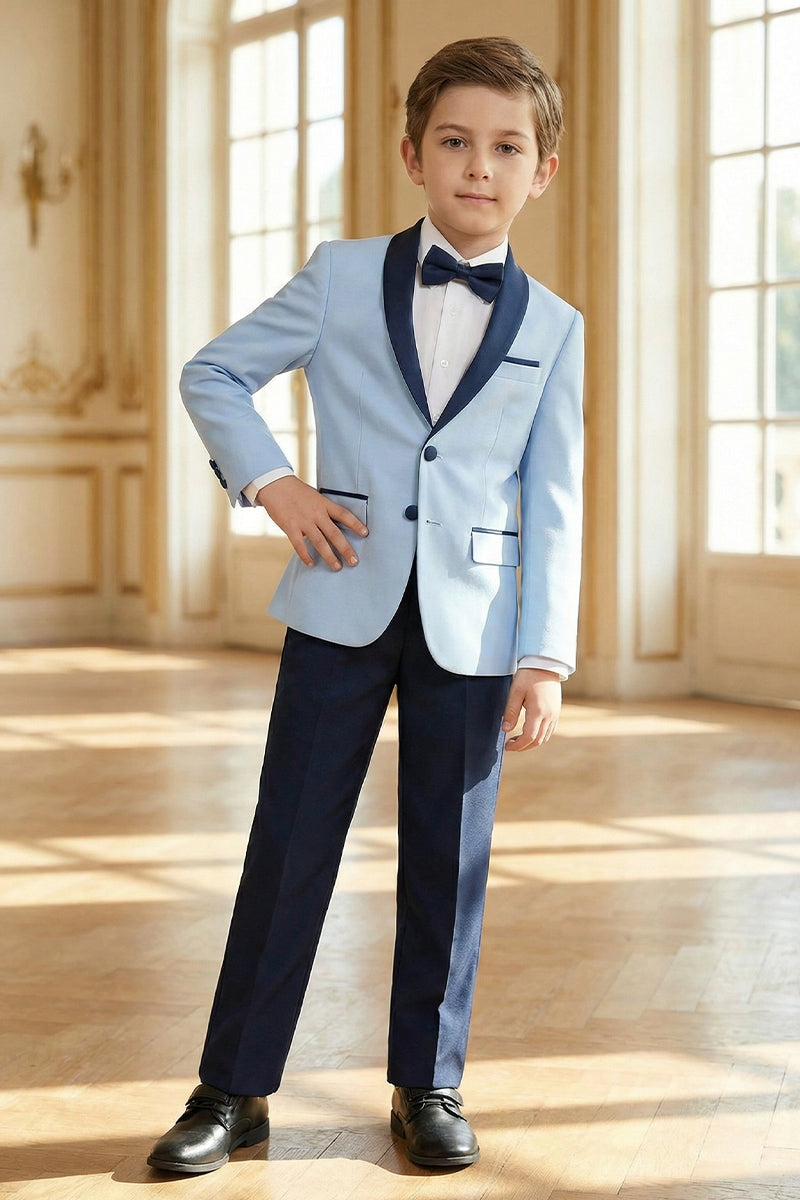 Boys Sky Blue Paired With Dark Blue Collared Trousers 2-Piece Suit