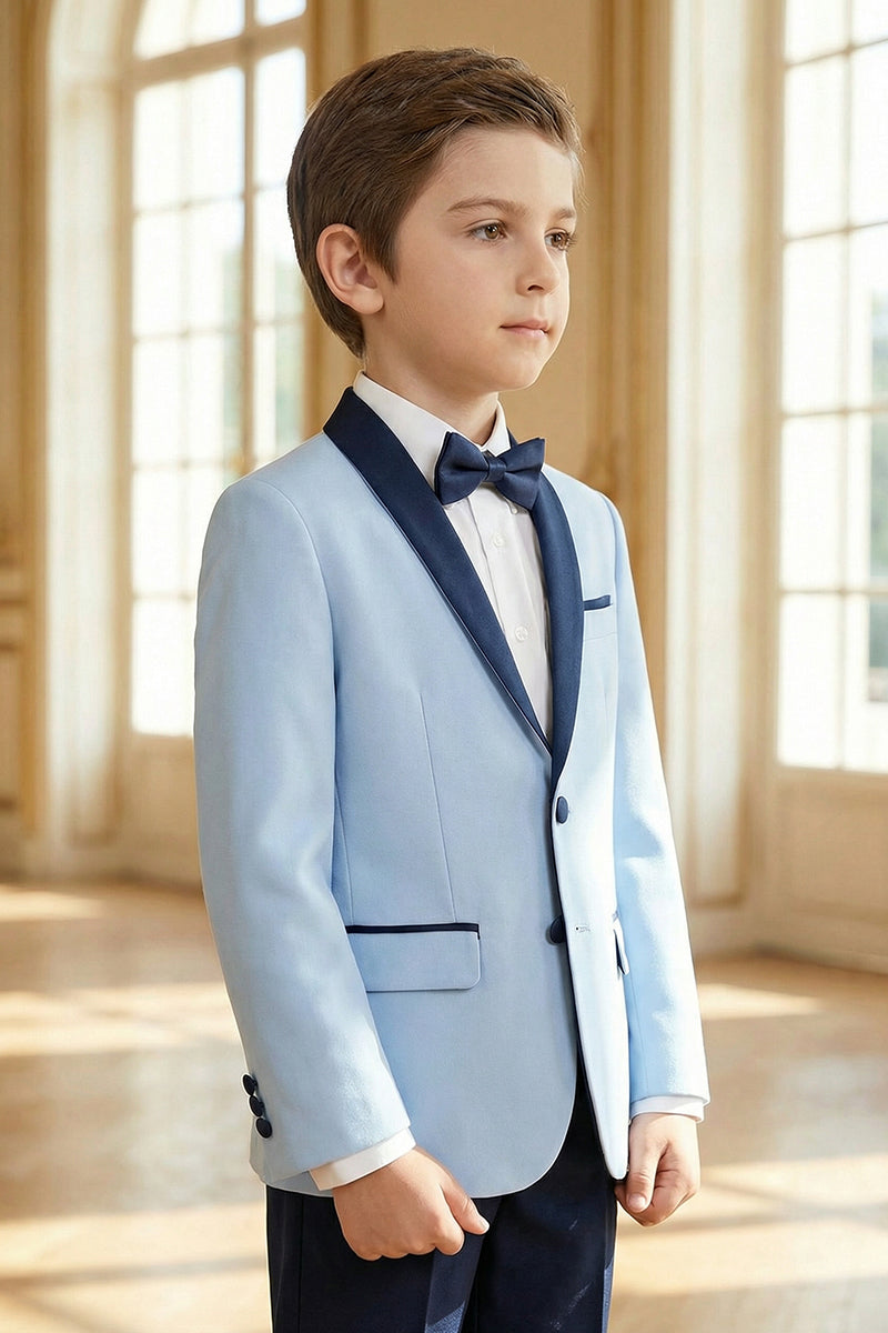 Boys Sky Blue Paired With Dark Blue Collared Trousers 2-Piece Suit