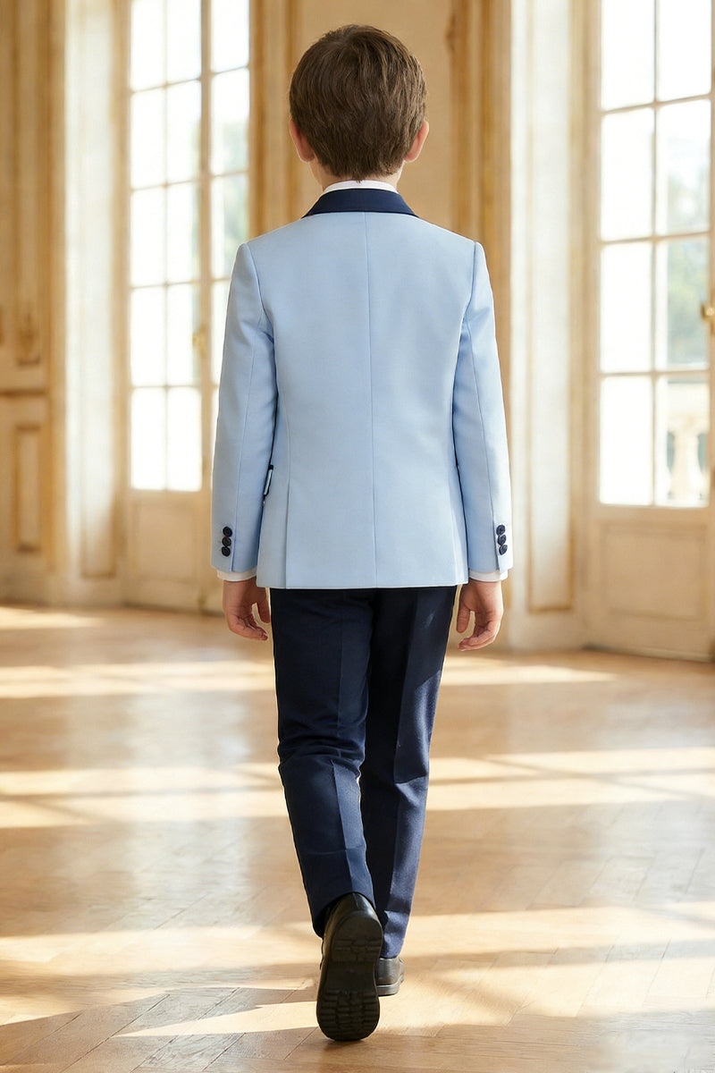Boys Sky Blue Paired With Dark Blue Collared Trousers 2-Piece Suit