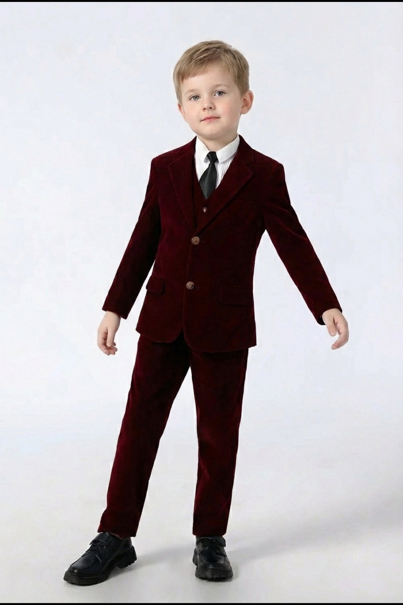 Boys Burgundy Velvet 3-Piece Suit for Weddings with Notch Lapel
