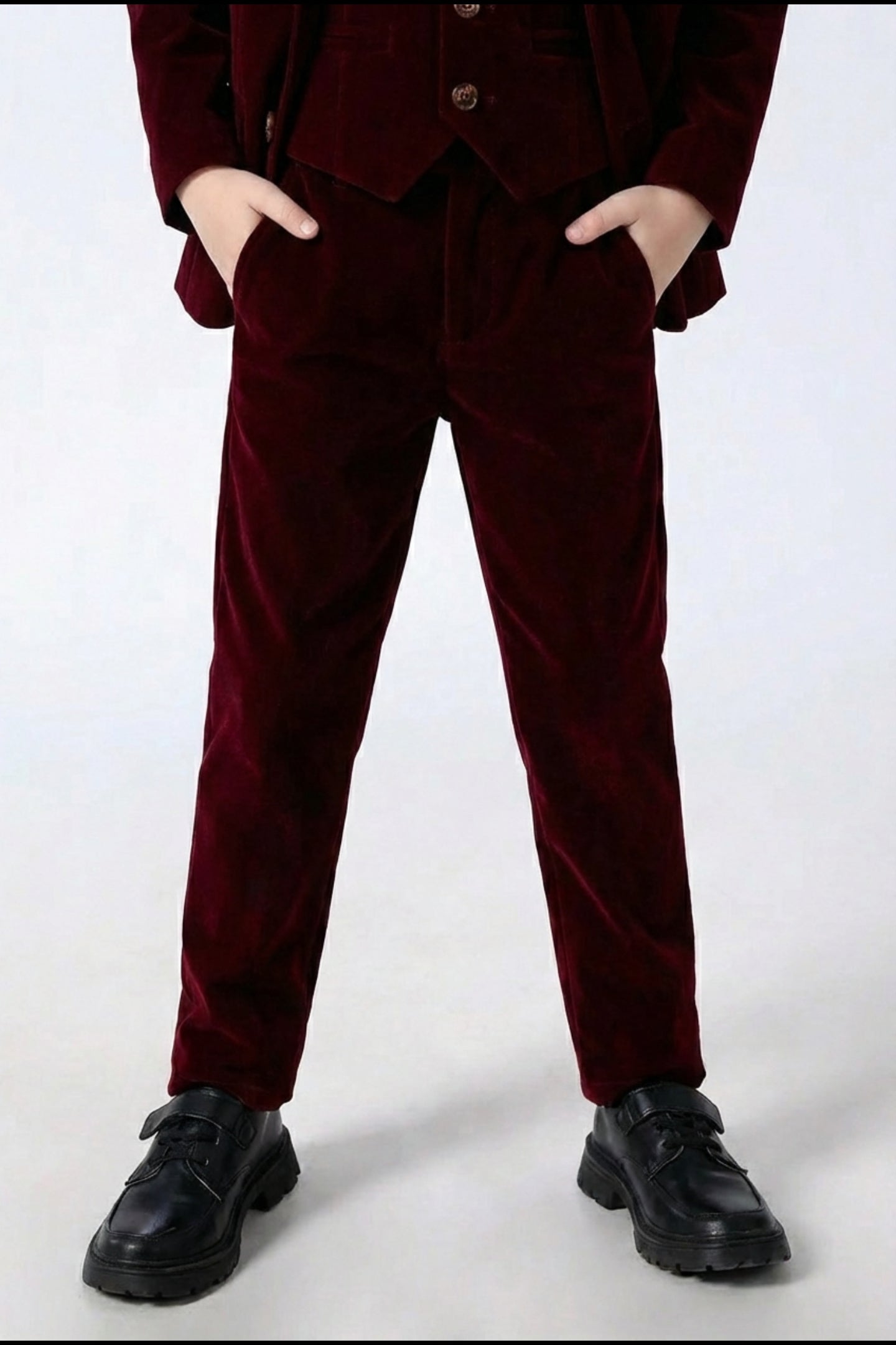 Boys Burgundy Velvet 3-Piece Suit for Weddings with Notch Lapel