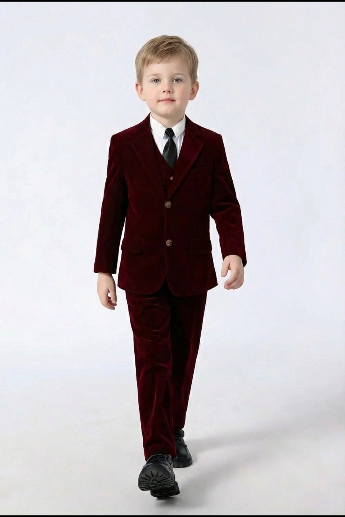 Boys Burgundy Velvet 3-Piece Suit for Weddings with Notch Lapel