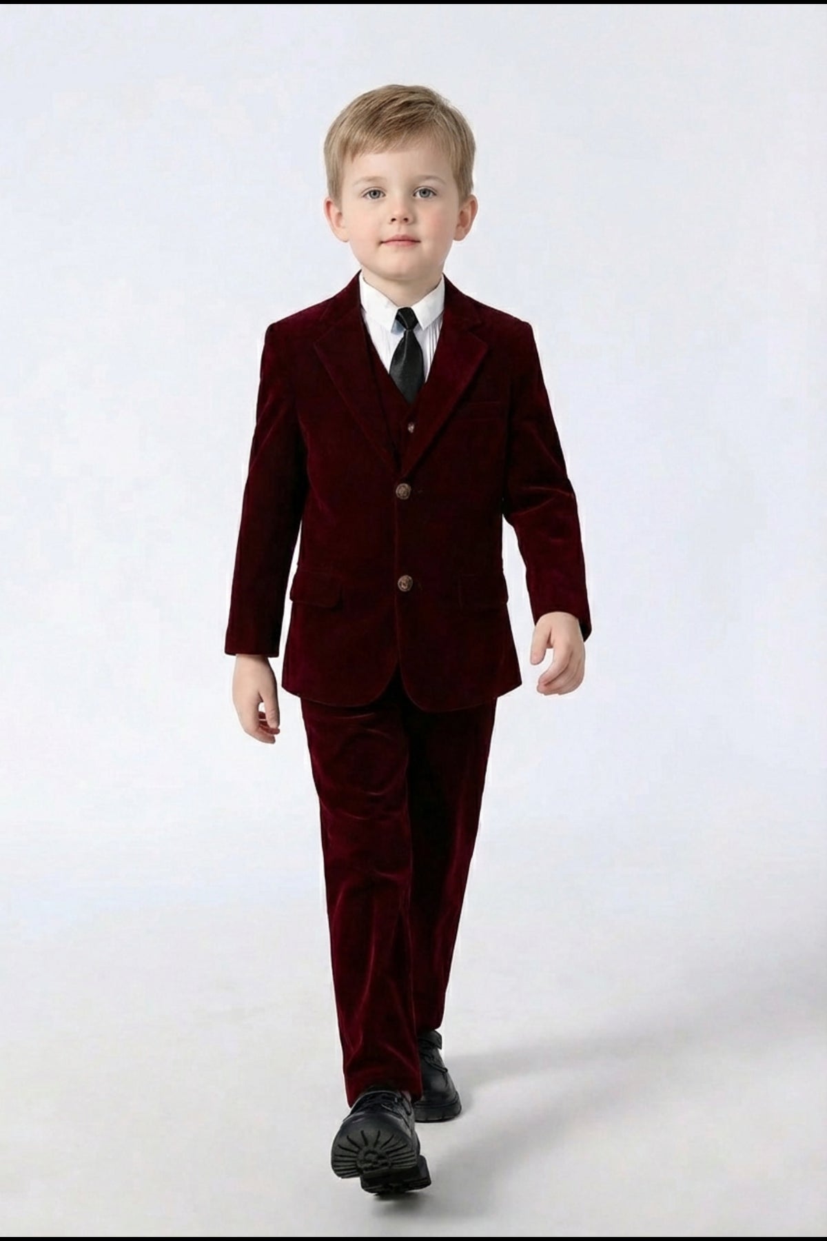 Boys Burgundy Velvet 3-Piece Suit for Weddings with Notch Lapel