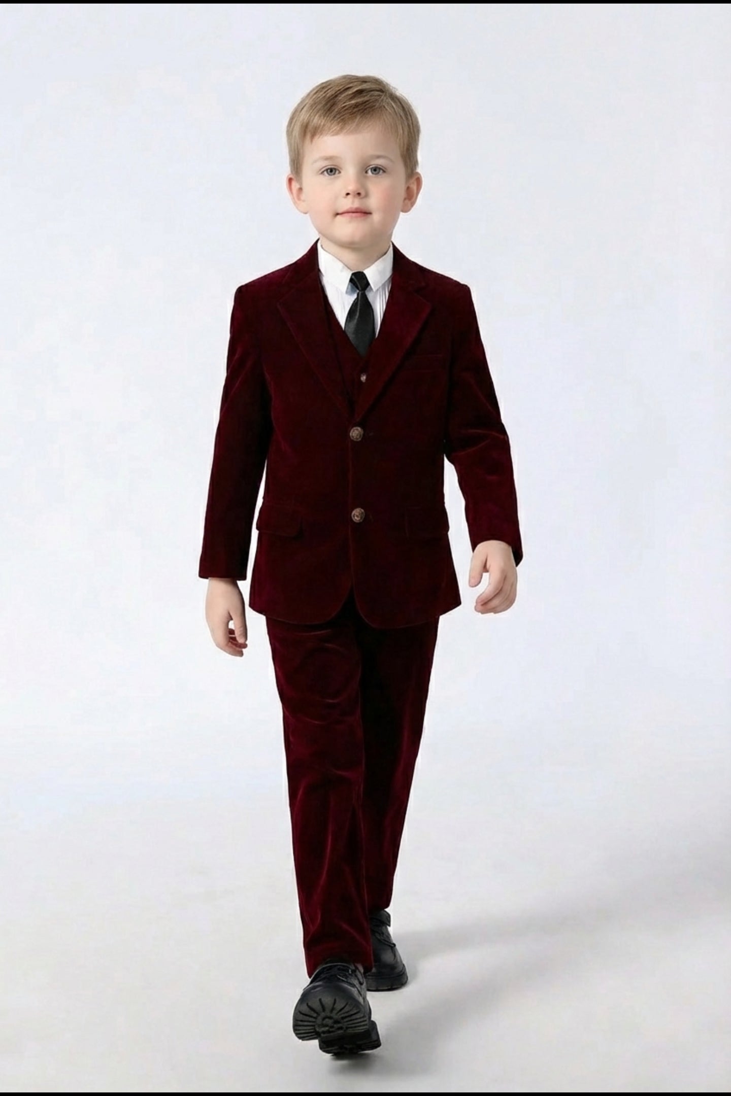 Boys Burgundy Velvet 3-Piece Suit for Weddings with Notch Lapel