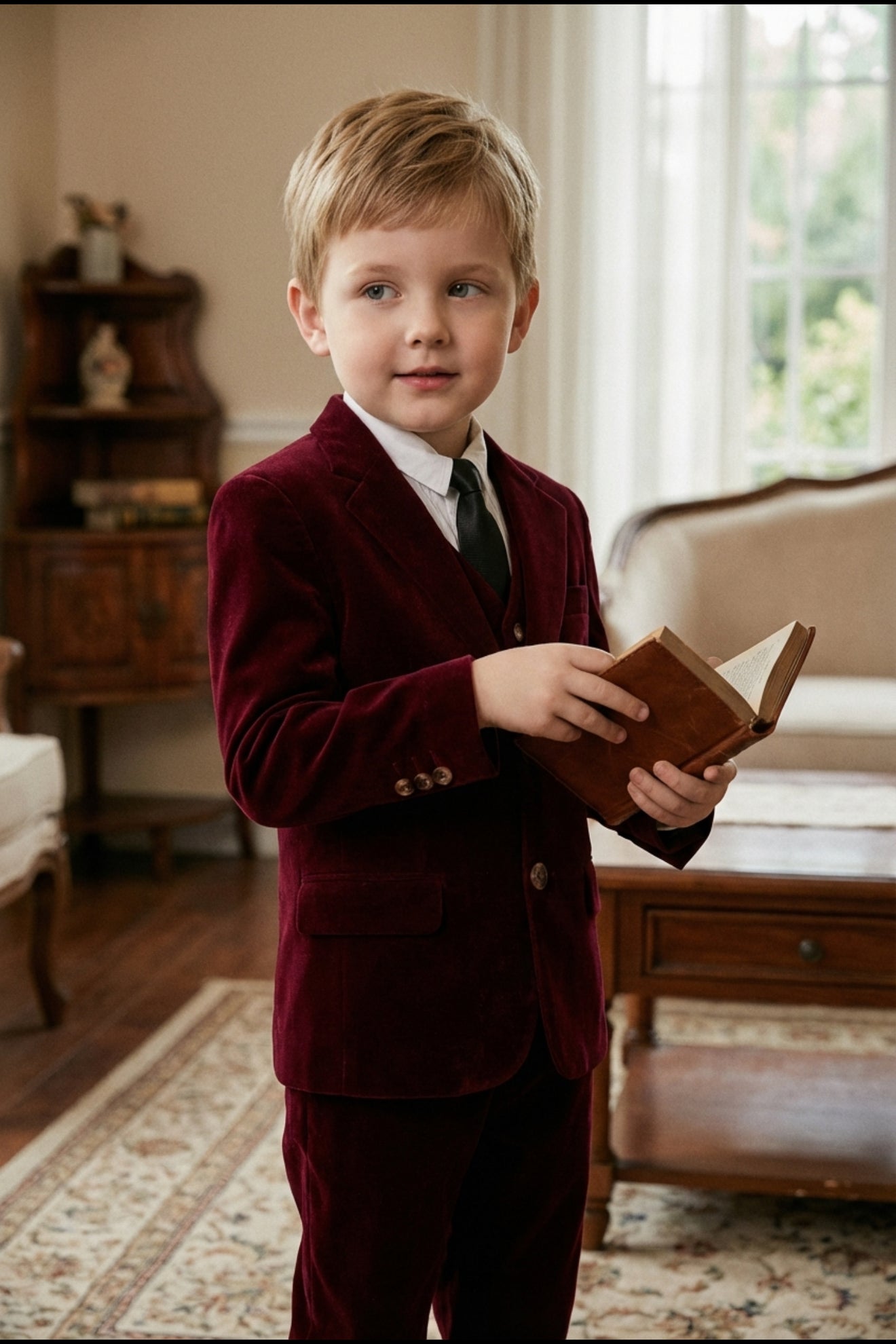 Boys Burgundy Velvet 3-Piece Suit for Weddings with Notch Lapel