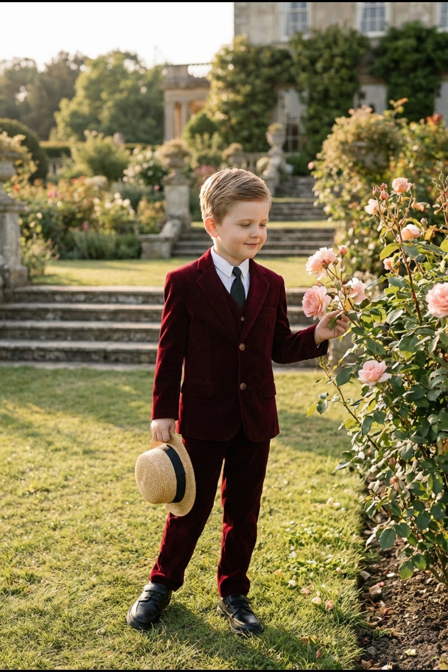 Boys Burgundy Velvet 3-Piece Suit for Weddings with Notch Lapel