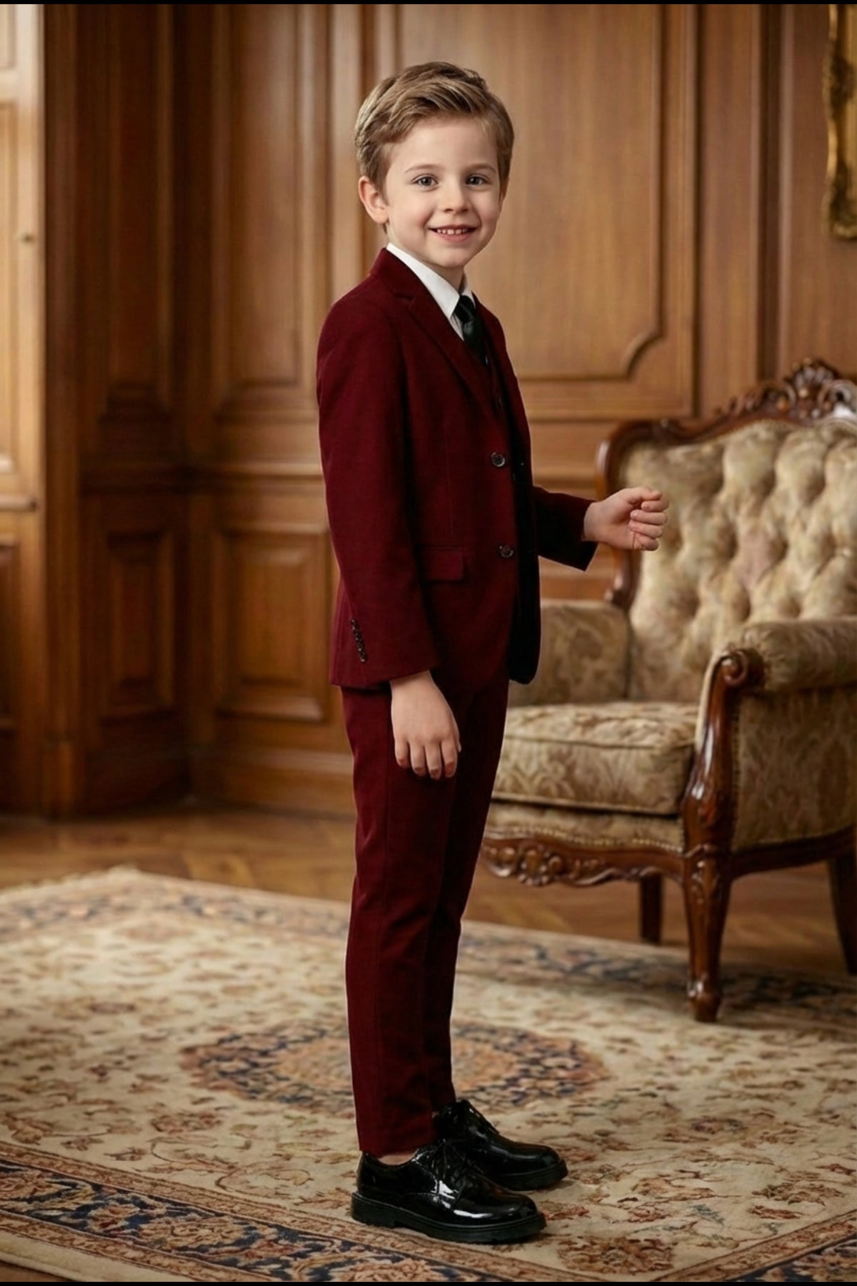 Boys Burgundy 3-Piece Suit for Weddings with Notch Lapel