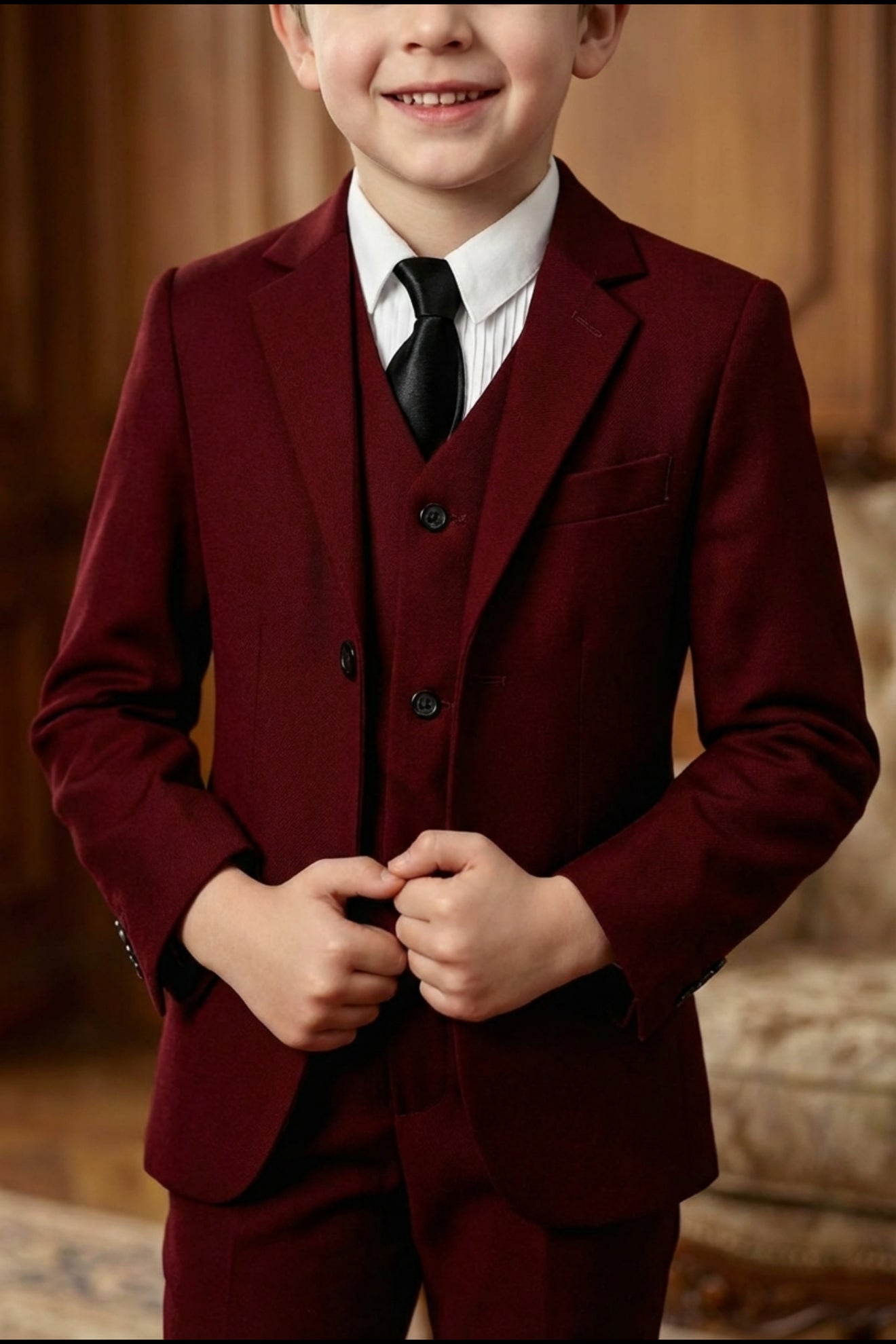 Boys Burgundy 3-Piece Suit for Weddings with Notch Lapel