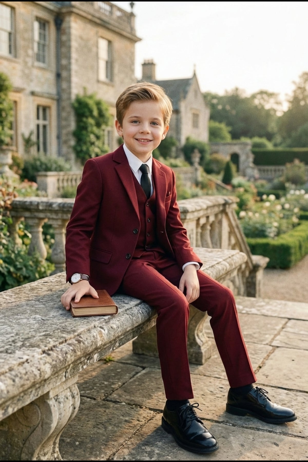 Boys Burgundy 3-Piece Suit for Weddings with Notch Lapel