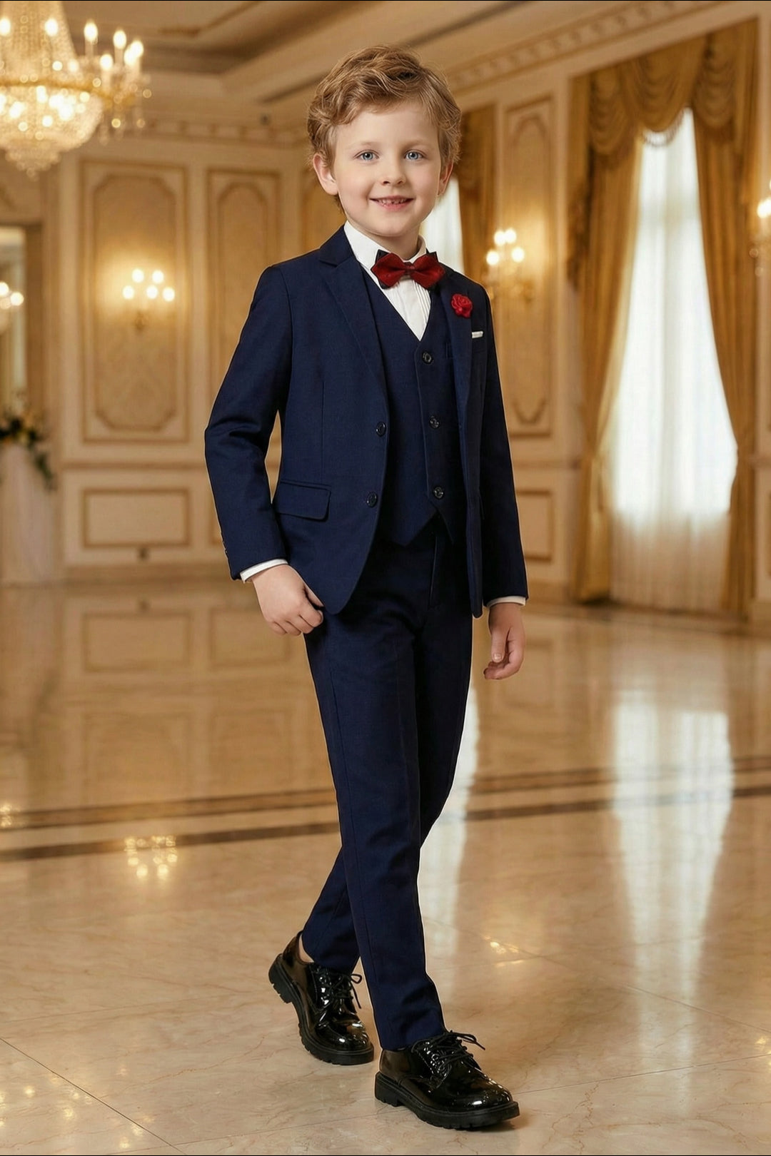 Boys Navy Blue 3-Piece Suit for Weddings with Notch Lapel