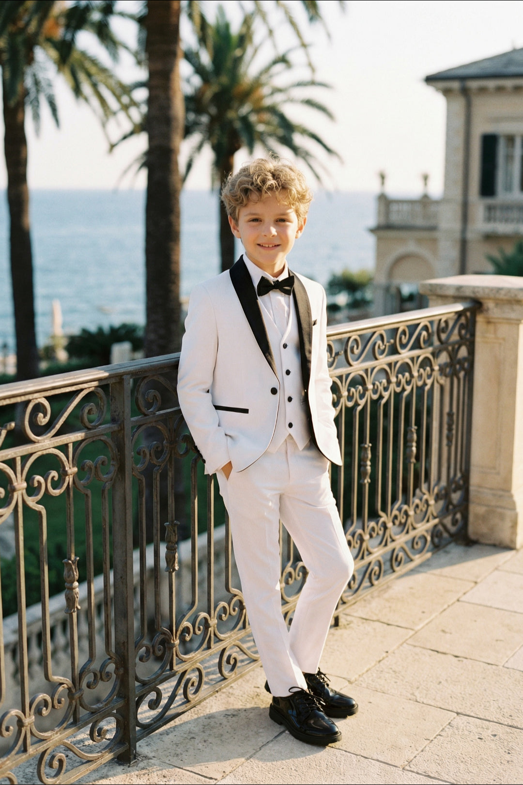 Boys White Tuxedo 3-Piece Suit with Black Satin Shawl Lapel
