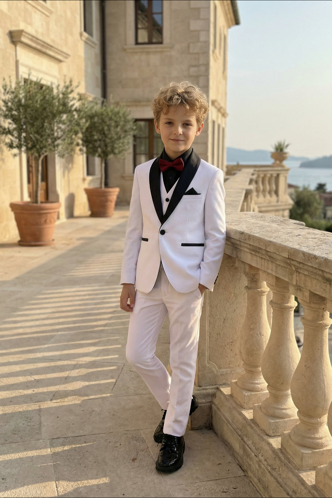 Boys White Tuxedo 3-Piece Suit with Black Satin Shawl Lapel