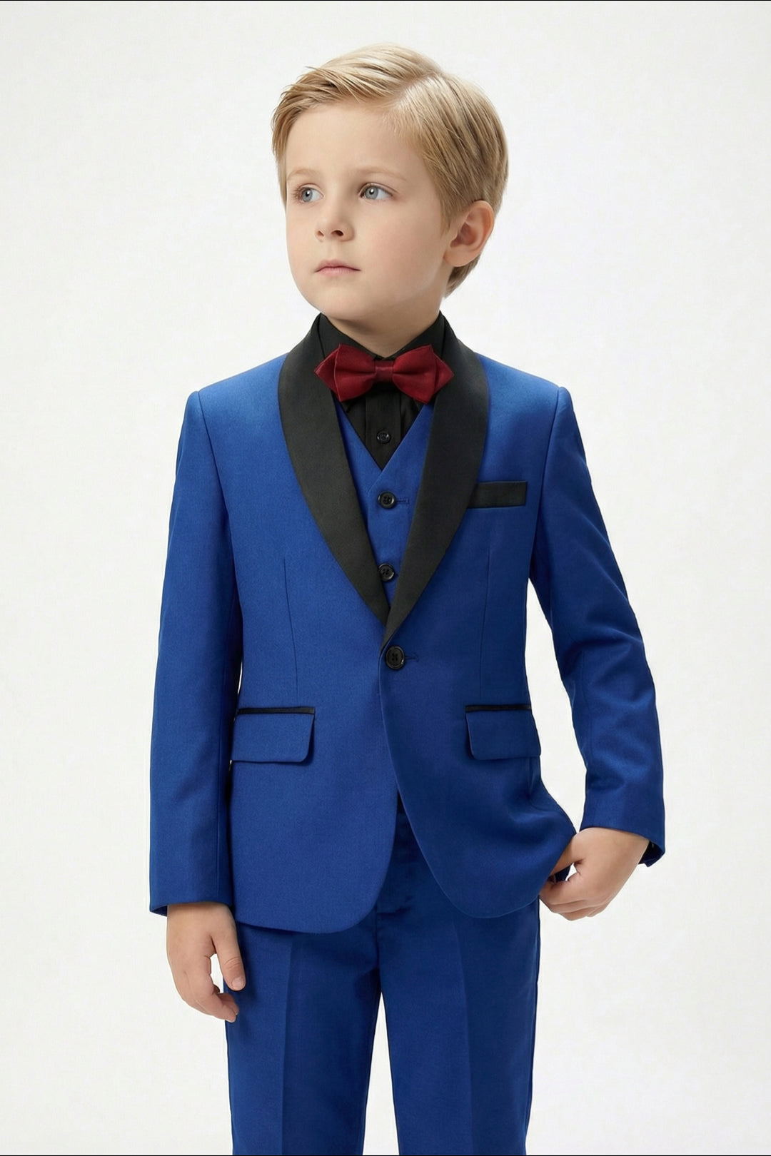 Boys Royal Blue Tuxedo 3-Piece Suit with Black Satin Shawl Lapel