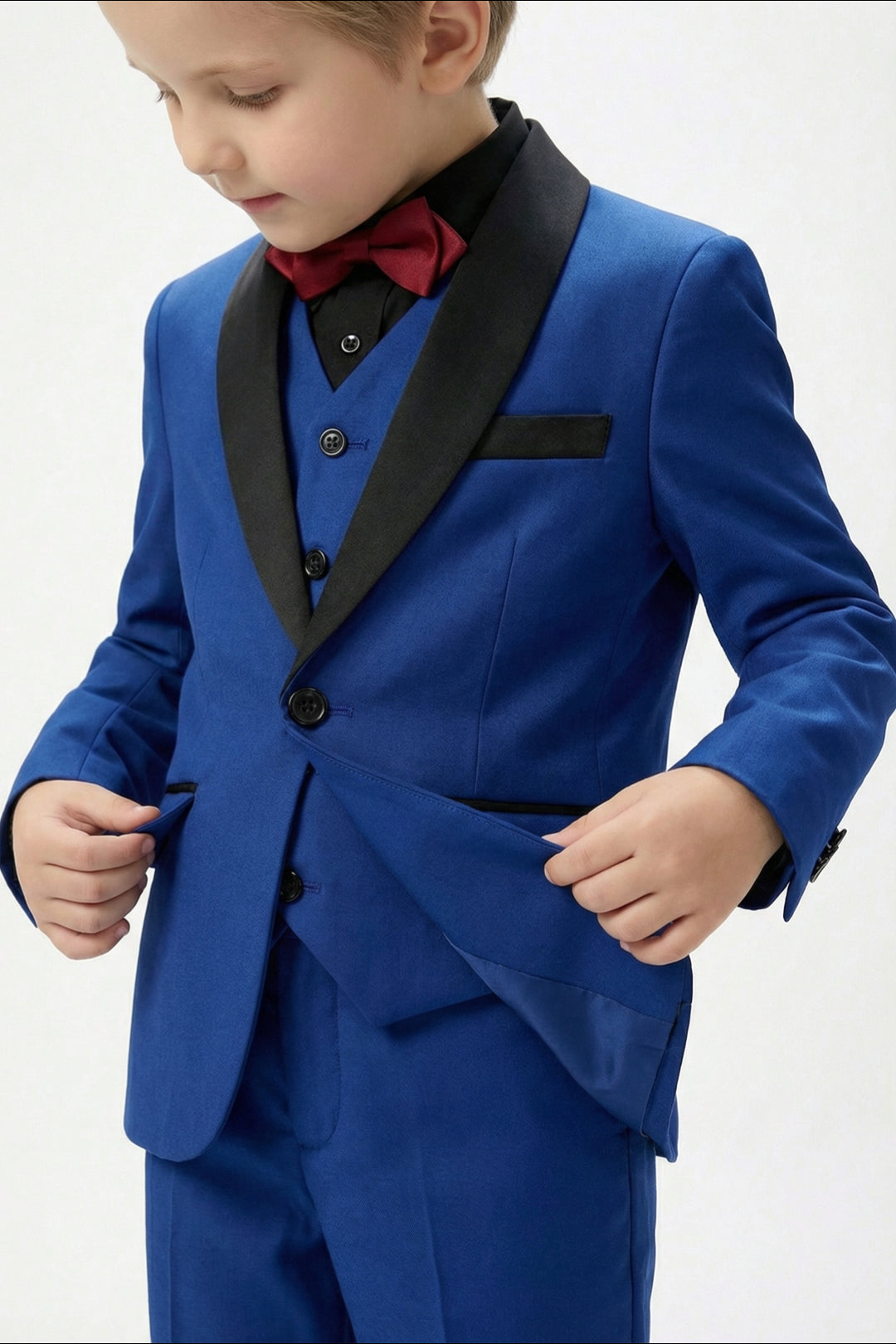 Boys Royal Blue Tuxedo 3-Piece Suit with Black Satin Shawl Lapel