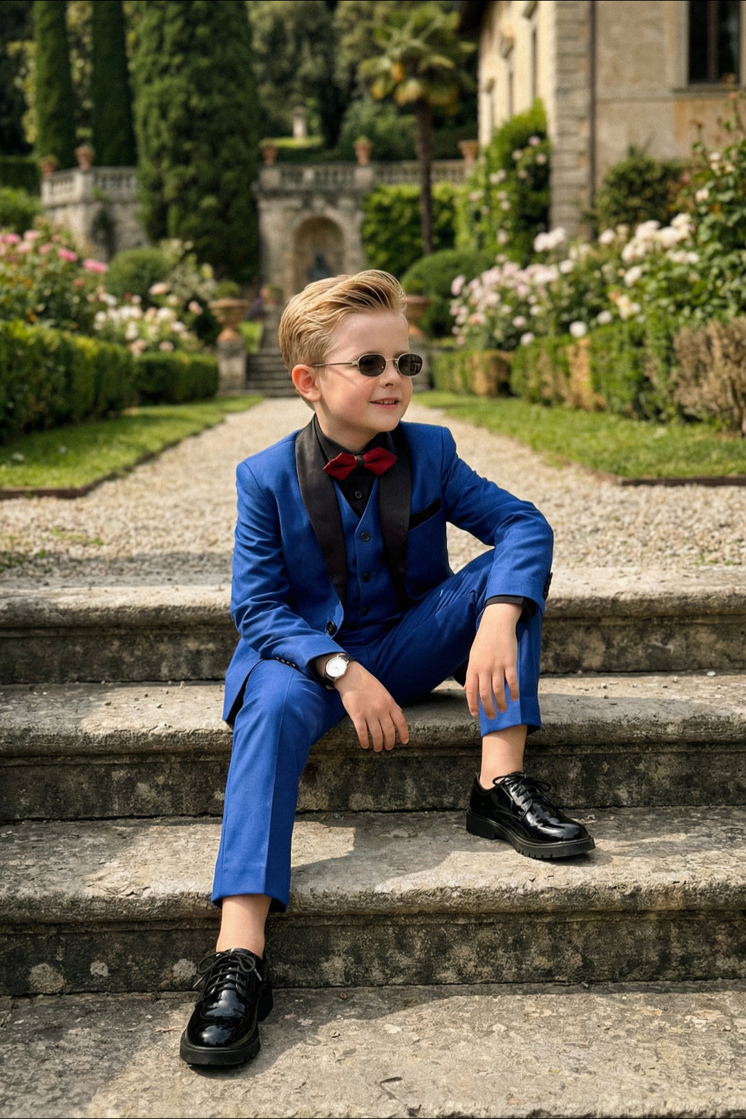 Boys Royal Blue Tuxedo 3-Piece Suit with Black Satin Shawl Lapel