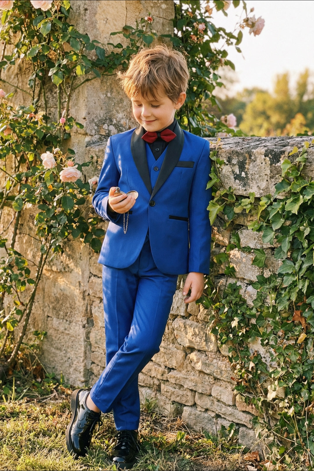 Boys Royal Blue Tuxedo 3-Piece Suit with Black Satin Shawl Lapel