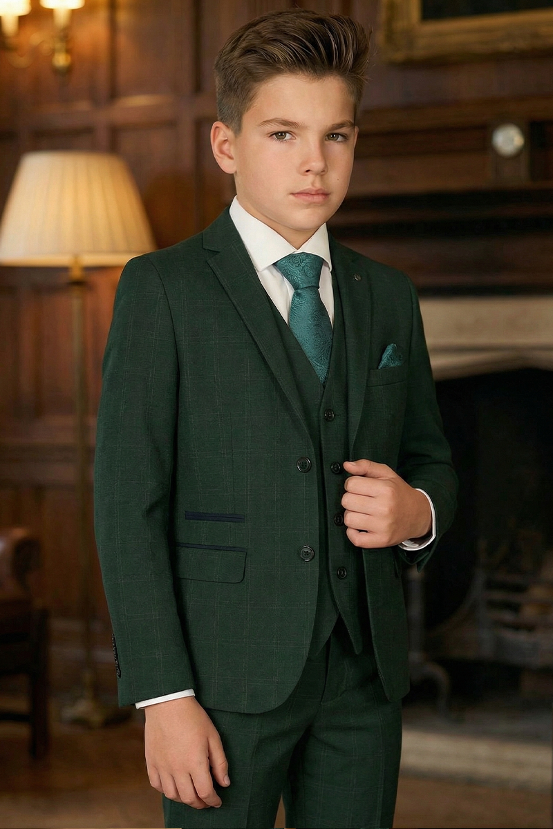 Boys Forest Green Formal Suit for Weddings with Notch Lapel 3-Piece Suit