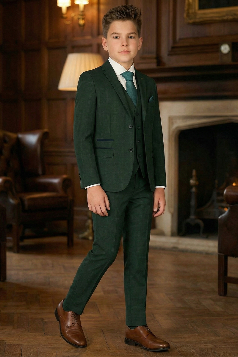 Boys Forest Green Formal Suit for Weddings with Notch Lapel 3-Piece Suit