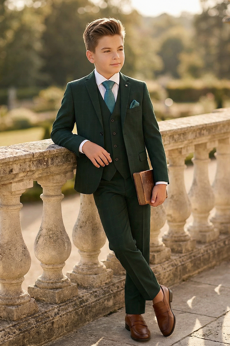 Boys Forest Green Formal Suit for Weddings with Notch Lapel 3-Piece Suit