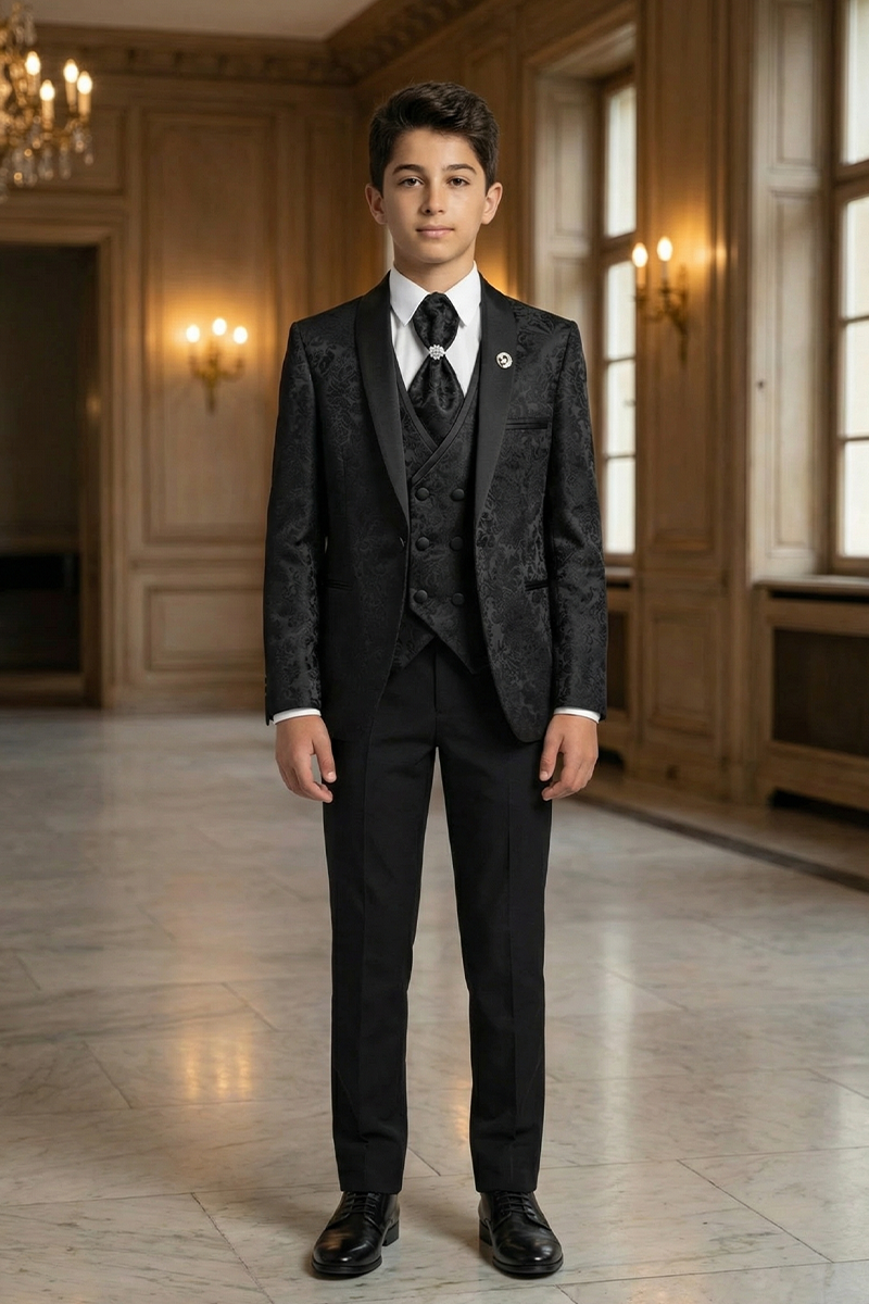 Boys Black Jacquard Tuxedo for Weddings with Shawl Collar 3-Piece Suit