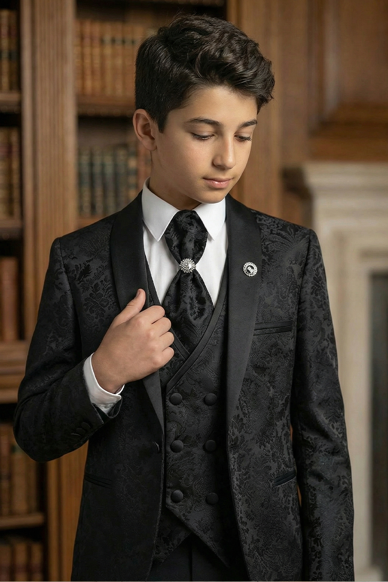 Boys Black Jacquard Tuxedo for Weddings with Shawl Collar 3-Piece Suit