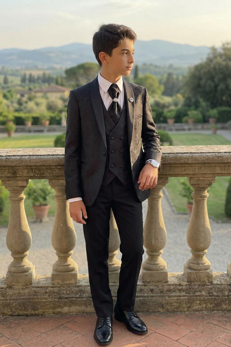 Boys Black Jacquard Tuxedo for Weddings with Shawl Collar 3-Piece Suit