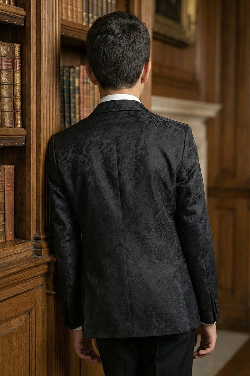 Boys Black Jacquard Tuxedo for Weddings with Shawl Collar 3-Piece Suit